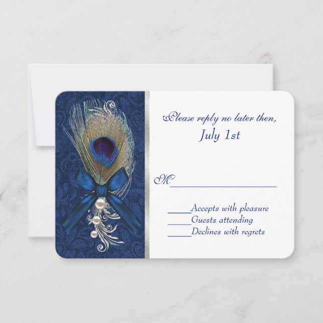 Blue Damask und Peacock Feather Wedding RSVP (Vorderseite)