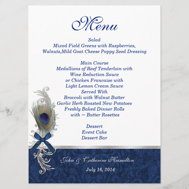 Blue Damask und Peacock Feather Wedding Table Menu Menükarte (Vorderseite)