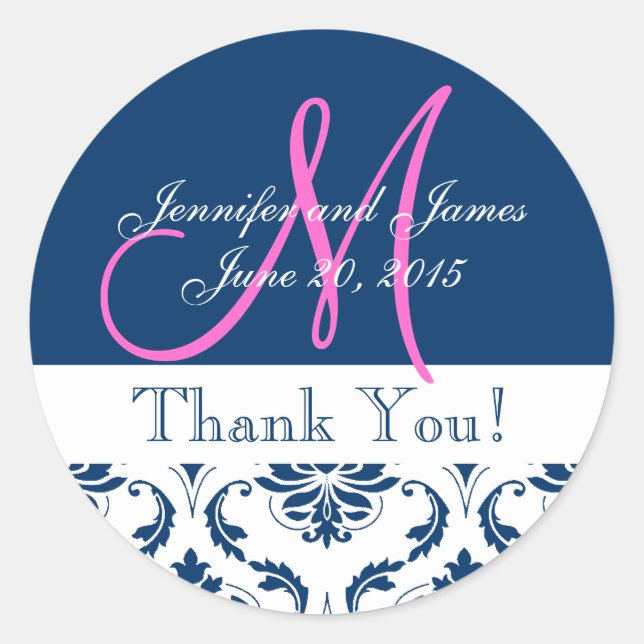 Blue Damask Wedding Danke Sticker (Vorderseite)