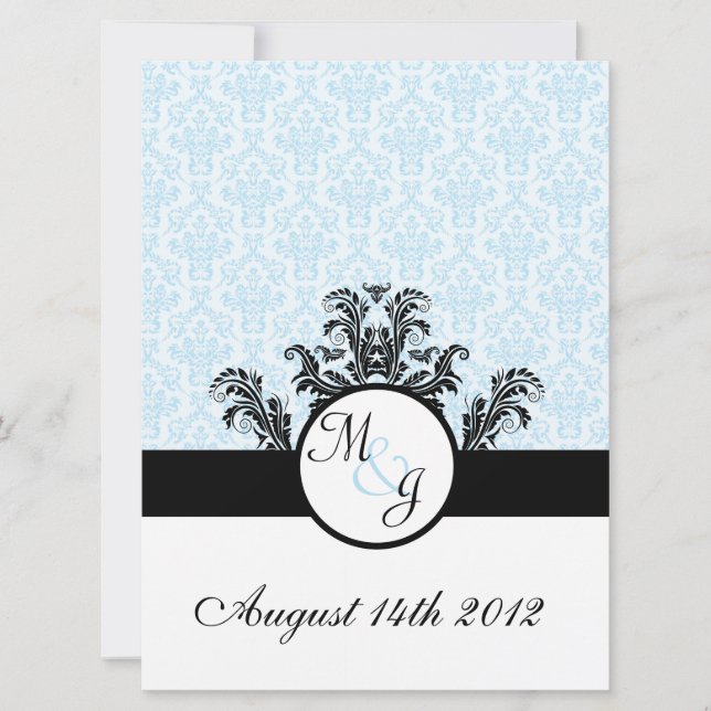 Blue Damask Wedding Einladung (Vorderseite)