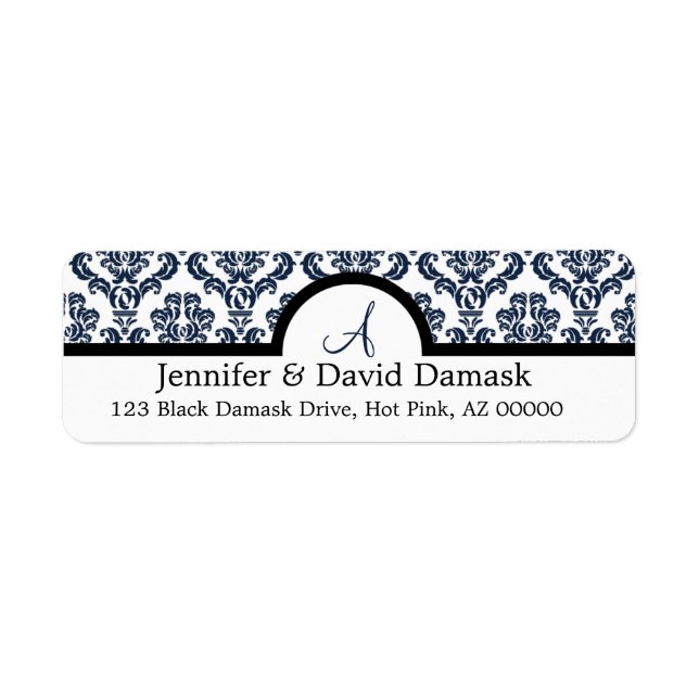 Blue Damask Wedding Monogram Address Labels (Vorne)