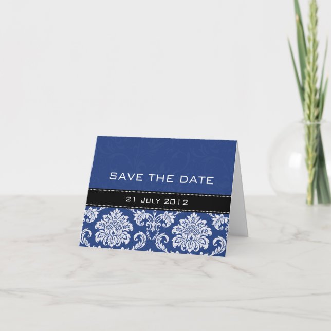 Blue Damask Wedding Save the Date Ankündigung (Vorderseite)