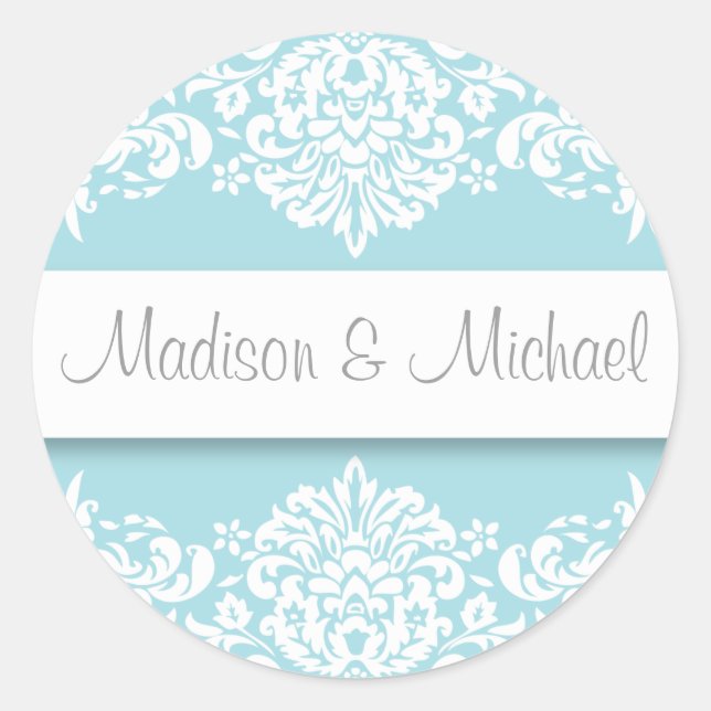 Blue Damask Wedding Stickers (Vorderseite)