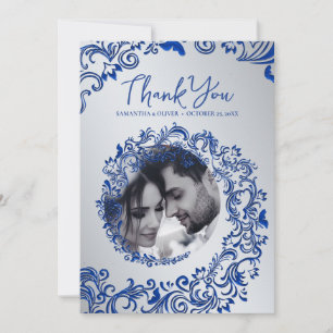 Blue Damask Wedding Vielen Dank Foto Card Dankeskarte