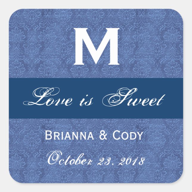 Blue Damask WeddingMonogram Quadratischer Aufkleber (Vorderseite)