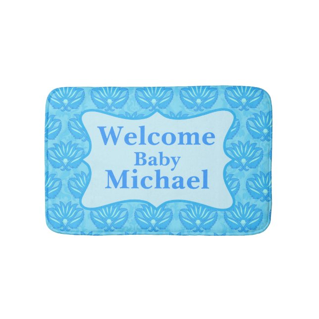 Blue Damask Welcome Name Personalisiert Baby Boy R Badematte (Vorderseite)