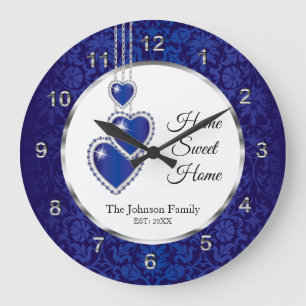 Blue Damask with Hearts - Zuhause Sweet Zuhause Große Wanduhr