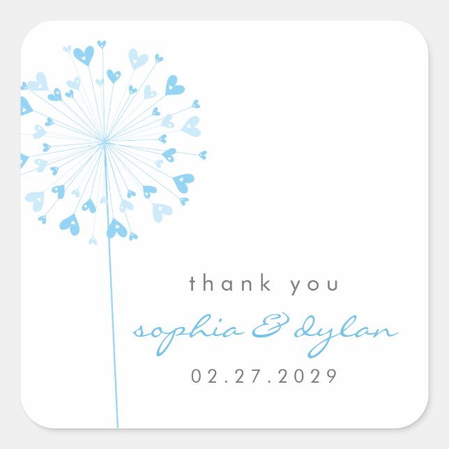 Blue Dandelion Blume Liebe Herbst Hochzeit Quadratischer Aufkleber (Vorderseite)