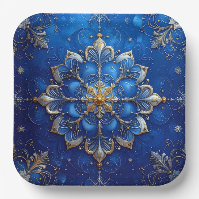 Blue Decorative Christmas Holiday Paper Plate Pappteller (Vorderseite)