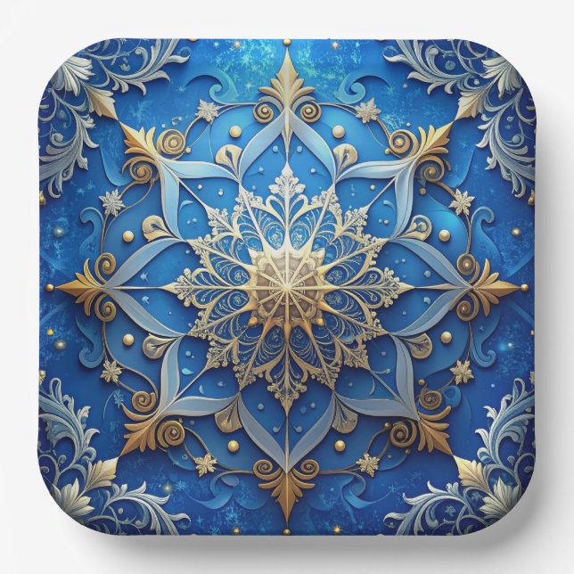 Blue Decorative Christmas Holiday Paper Plate Pappteller (Vorderseite)