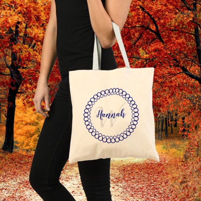Blue Decorative Circle Personalize Monogram Tasche (Blue Decorative Circle Personalized Tote)