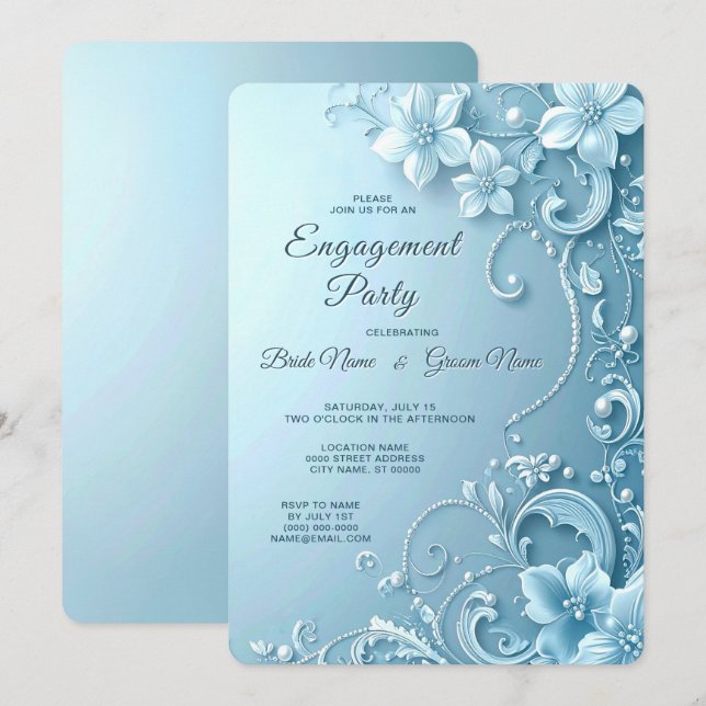 Blue Decorative Floral Engagement Invitation Einladung (Vorne/Hinten)