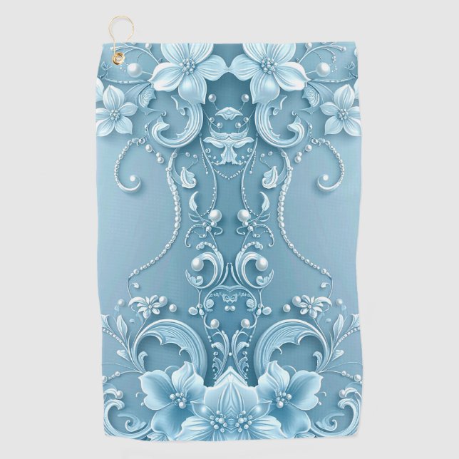 Blue Decorative Floral Golf Towel Golfhandtuch (Vorderseite)