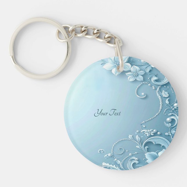 Blue Decorative Floral Keychain Schlüsselanhänger (Vorderseite)