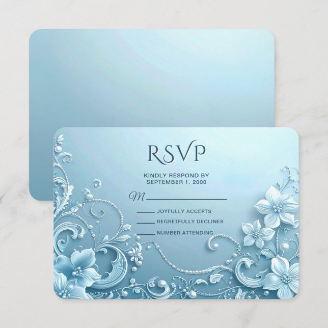 Blue Decorative Floral RSVP Card Karte (Vorne/Hinten)
