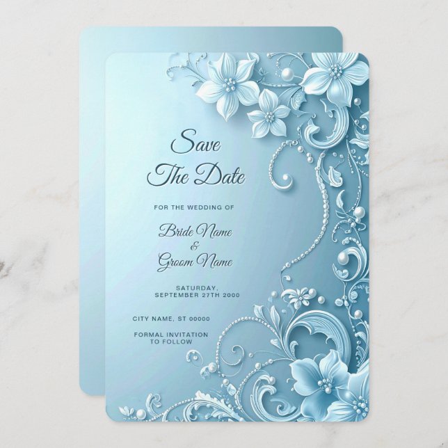 Blue Decorative Floral Save the Date (Vorne/Hinten)