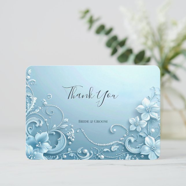 Blue Decorative Floral Thank You Card Dankeskarte (Stehend Vorderseite)