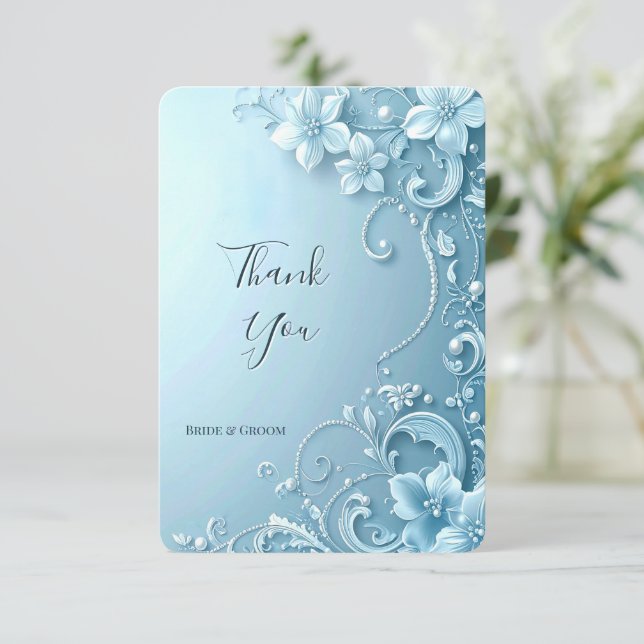 Blue Decorative Floral Thank You Card Dankeskarte (Stehend Vorderseite)