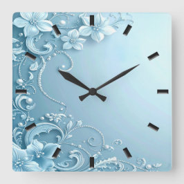 Blue Decorative Floral Wall Clock Quadratische Wanduhr
