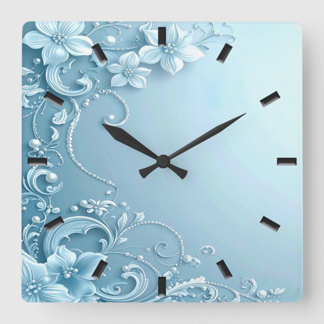 Blue Decorative Floral Wall Clock Quadratische Wanduhr (Vorderseite)
