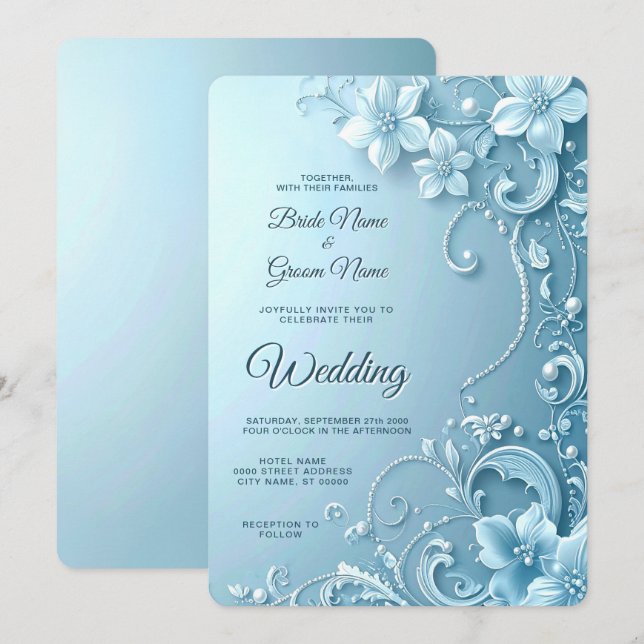 Blue Decorative Floral Wedding Invitation Einladung (Vorne/Hinten)