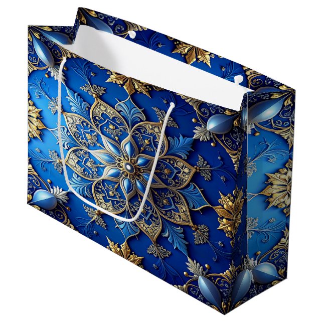 Blue Decorative Holiday Gift Bag Große Geschenktüte (Vorderseite Schrägansicht)