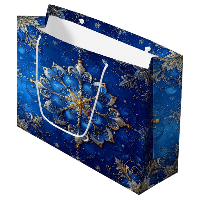 Blue Decorative Holiday Gift Bag Große Geschenktüte (Vorderseite Schrägansicht)