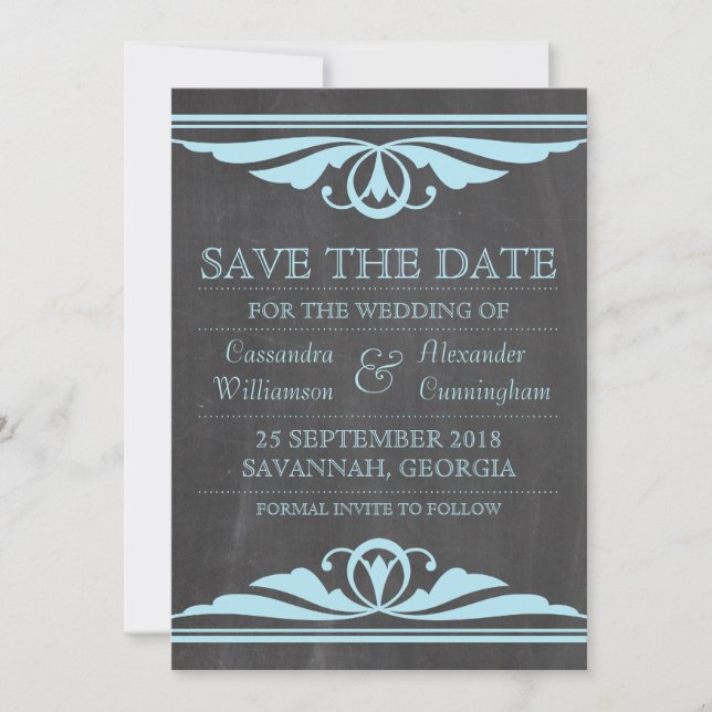 Blue Deko Chalkboard Save the Date einladen (Vorderseite)