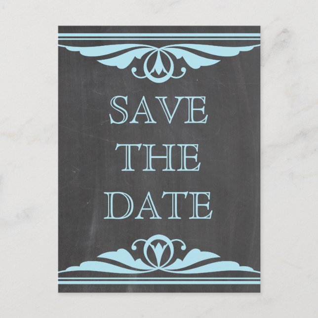 Blue Deko Chalkboard Save the Date Postkarte (Vorderseite)