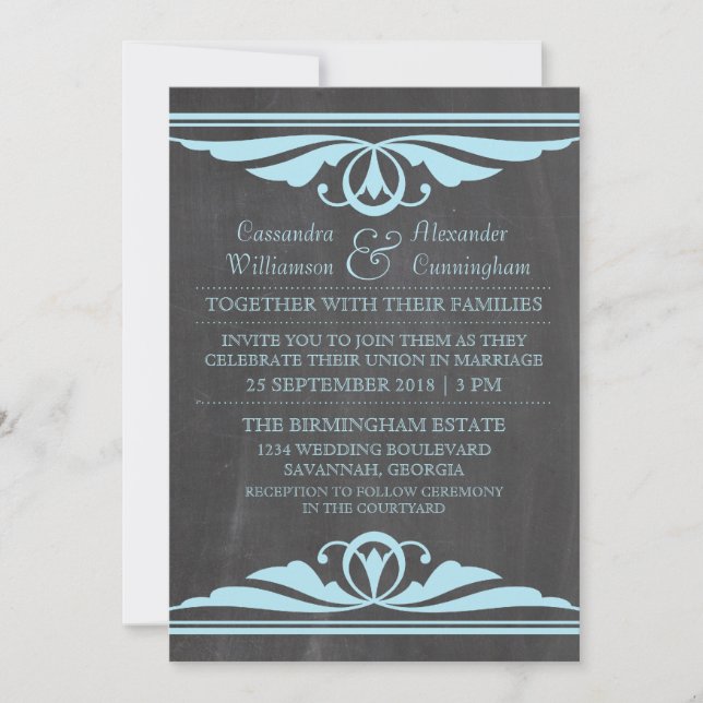Blue Deko Chalkboard Wedite Invite Einladung (Vorderseite)