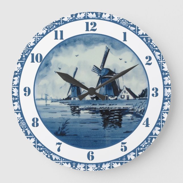 Blue Delft Blue Windmill Große Wanduhr (Vorderseite)