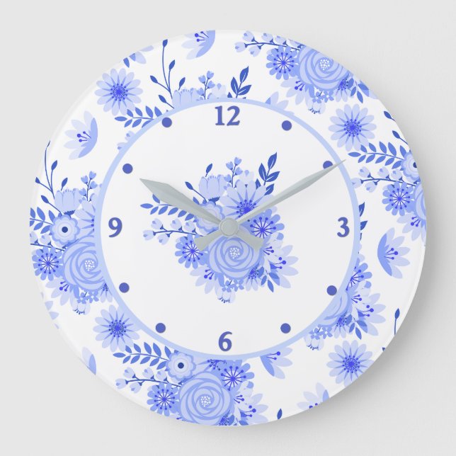 Blue Delft Floral Wall Clock Große Wanduhr (Vorderseite)