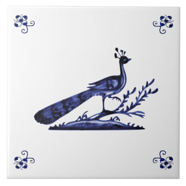 Blue Delft Peacock Fliese (Vorderseite)