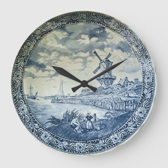 Blue Delft Windmill Dutch Plate Große Wanduhr (Vorderseite)