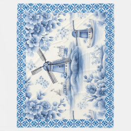 Blue Delft Windmill Floral Tile Border Fleecedecke