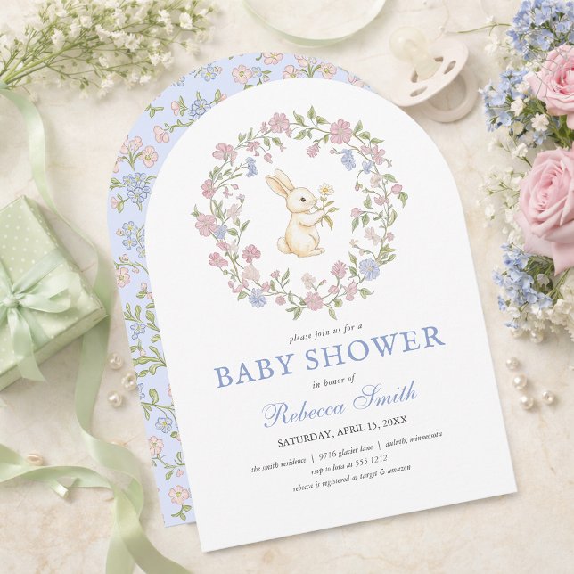 Blue Delicate Vintage Blumenblütendusche Einladung (Blue Delicate Vintage Floral Bunny Baby Shower Invitation)