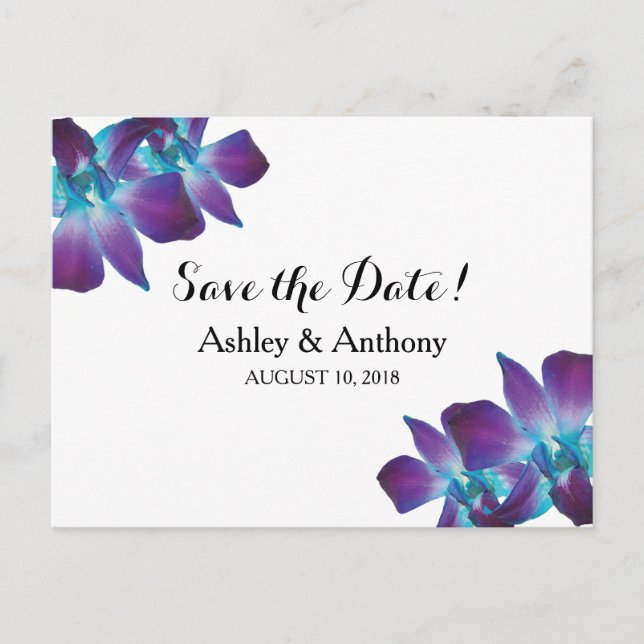 Blue Dendrobium Orchid Wedding Save the Date Ankündigungspostkarte (Vorderseite)