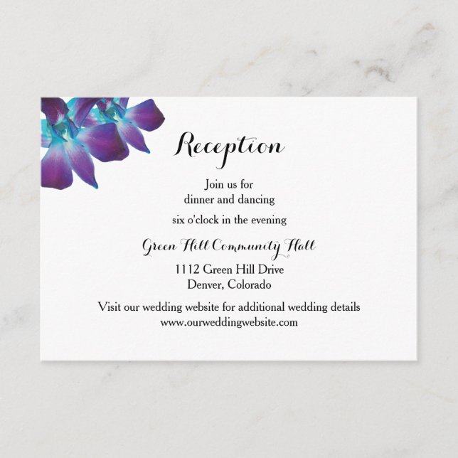 Blue Dendrobium Orchid Wedeption Reception Card Begleitkarte (Vorderseite)