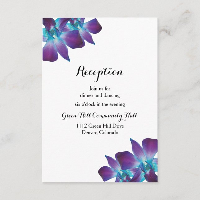 Blue Dendrobium Orchid Wedeption Reception Card Begleitkarte (Vorderseite)