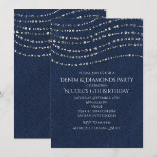 Blue Denim & Diamanten Funkeln Bling Geburtstagsfe Einladung