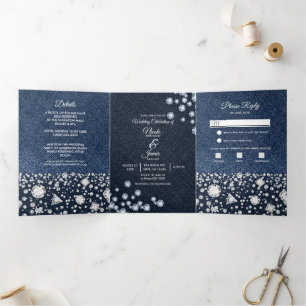 Blue Denim & Diamonds Glam Trifold Wedding Program Dreifach Gefaltete Einladung