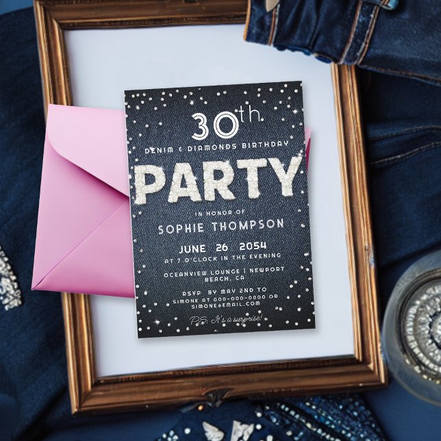 Blue Denim Diamonds Glitzer jedes Alters Geburtsta Einladung (Denim and Diamonds 30th Birthday Party Invitation for Women Classy Rhinestones Dropes Bling Party)