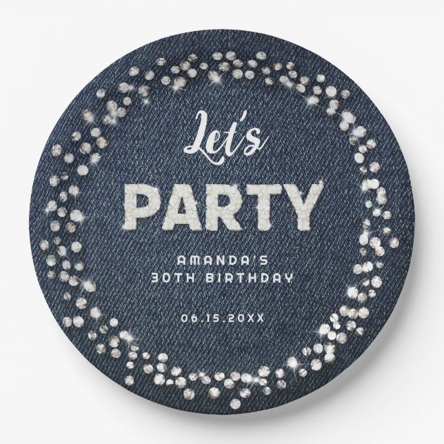 Blue Denim Diamonds Glitzer Kristall Let's Party Pappteller (Vorderseite)