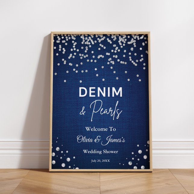 Blue Denim Diamonds Pearls Couple's Dusche Willkom Poster (Blue Denim Diamonds Pearls Couple's Shower Welcome Sign )
