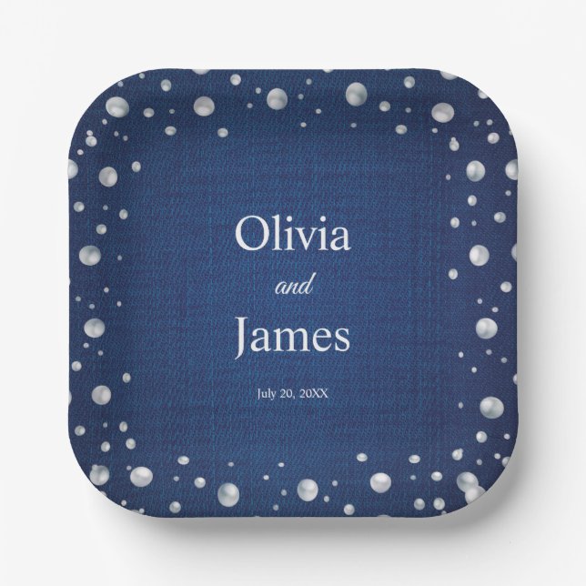 Blue Denim Diamonds Pearls Wedding Couple Dusche Pappteller (Vorderseite)