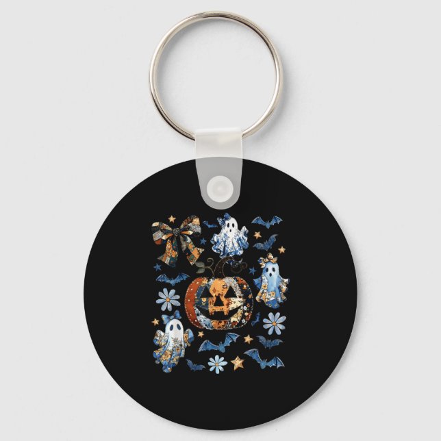 Blue Denim Floral Patchwork Pumpkin Ghost Coquette Schlüsselanhänger (Vorderseite)