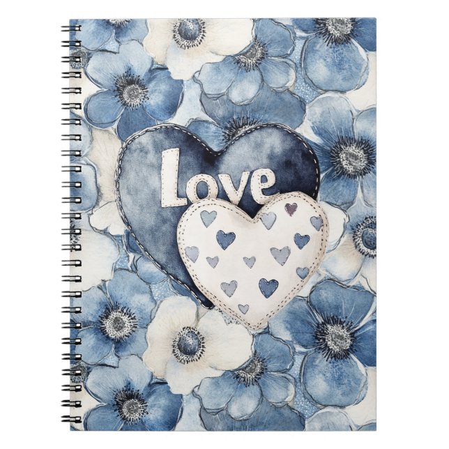 Blue Denim Hearts Blume Liebe Notizblock (Vorderseite)