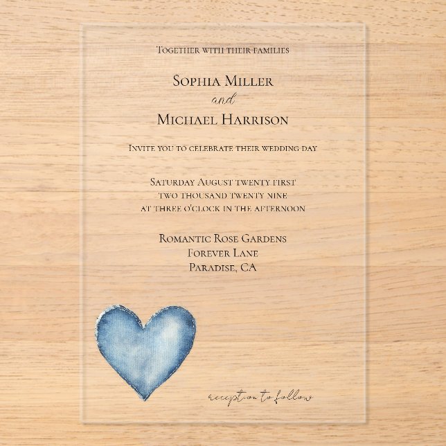 Blue Denim Jean Heart Wedding Acryleinladungen (Vorderseite)