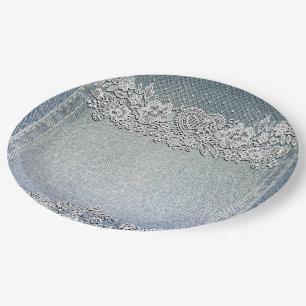Blue Denim Jean & White Heart Lace Brautparty Pappteller