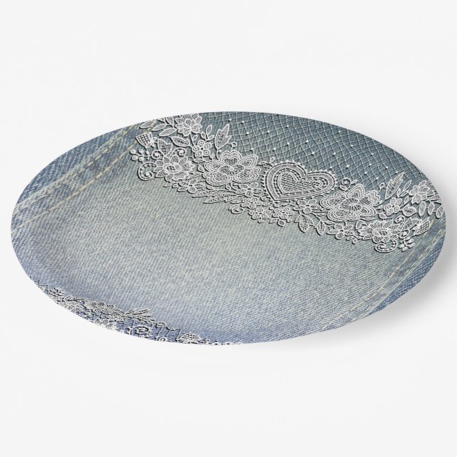 Blue Denim Jean & White Heart Lace Brautparty Pappteller (Schrägansicht)